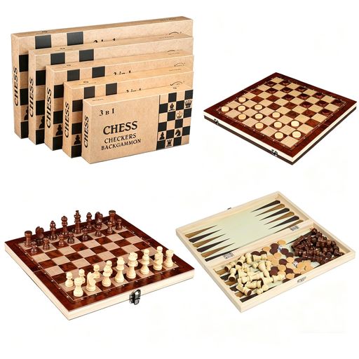 Go, Shogi, Chess, Mahjong - 木製チェスセット3in1チェス・チェッカー・バックギャモン折りたたみ式ボード収納ケース付き