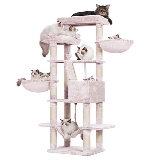 猫の運動と遊び, 猫の休憩とリラックス, スクラッチ, 猫に遊び道具の提供 【超スリムデザイン】ベースサイズ:幅50cmx奥行40cm、スリムなデザイン、非常に省スペース、重量18.5kg、体の大きな猫や成猫に最適。素材:スタンド:紙管、麻ロープ。内側:ポリエステル、板:パーティクルボード。 【安定性】厚みのある底板と、転倒防止装置を併用しており、キャットツリー全体が安定しています。2本の柱で支えられている見晴らし台は、1本の柱で支えられている猫用ベッドよりも安定性が高まります。 【猫の遊び場】全体が爪研ぎボードとなっており、子猫やシニア猫といったジャンプが難しい猫でも思い切り登れるように設計されています。また、2本の柱で支えられている大きな見晴らし台は大きな猫に最適です。さらに、触れ合いが楽しめるポニーテールの形をしたサイザル麻ロープ、猫がリラックスできるハンモックなども備わっており、まさに家の中にある遊園地だと言えます。 【組み立て簡単】図解入りの日本語組み立て説明書に従い、付属の六角レンチでネジを締めるだけで、省スペースなキャットタワーが簡単に完成します。