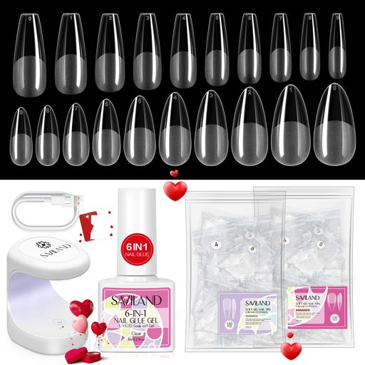 Savilandネイルチップとグルージェルキット-240PCSロングコフィンミディアムアーモンド型ソフトジェル..