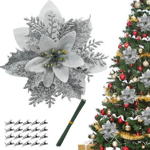 樂天商城 - Bacucineクリスマス造花24個入りクリスマスツリー飾り装飾花オーナメント人工花ポインセチアデコレーションラメ入りキラキラクリスマスリース花輪自宅店舗玄関室内飾り(銀)