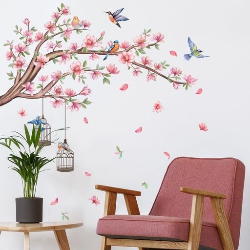 ウォールステッカー桜の木と鳥かご桃の花です木の枝植物おしゃれ剥がせる防水壁紙シールピンク花と青い鳥デザインリビングルーム寝室装飾用wallstickerdecoration105x96cm(