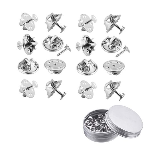 ピンバッジのピンバッチバタフライ型留め具と土台の広い針パーツ銀色50個セットシルバー