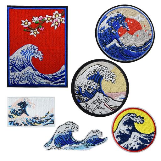 ワッペンアイロン刺繍MUNCVYアップリケDIY服かながわおきなみうら波和風浮世絵おしゃれ可愛い装飾保育園幼稚園パッチ補修大きめサイズ6枚セット衣類浴衣手袋手帳飾り
