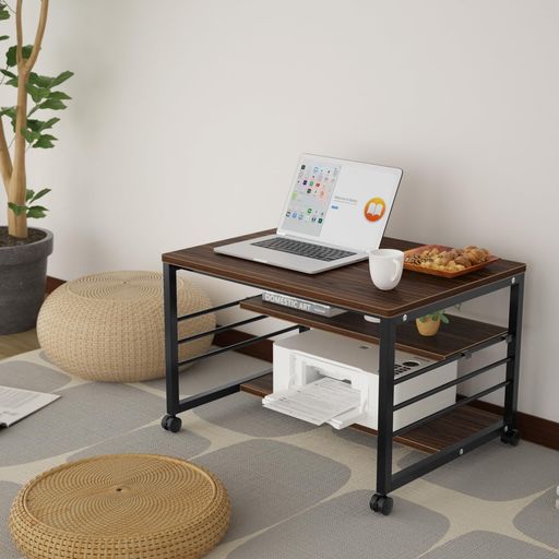 DEWELローデスクパソコンデスク60cm幅ローテーブル省スペースコンパクトpcデスク机プリンター収納キャスター付き作業台作業机棚付きテレワーク在宅勤務作業台おしゃれノートパソコンデ…(3.0)