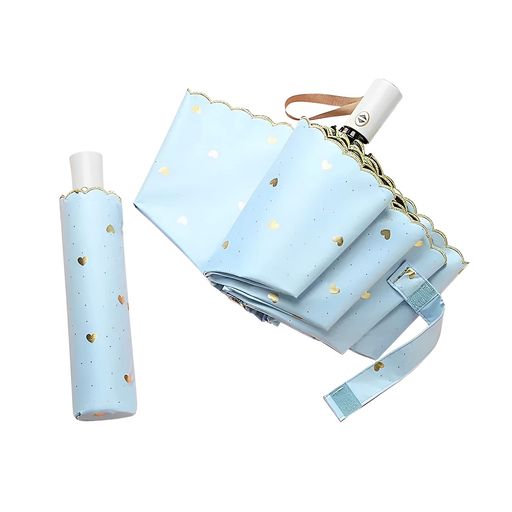 折り畳み傘日傘uvカット100遮光折りたたみ傘レディースワンタッチ軽量晴雨兼用自動開閉8本骨傘コンパクト3段折り遮熱効果梅雨対策ハートの柄(ブルー)