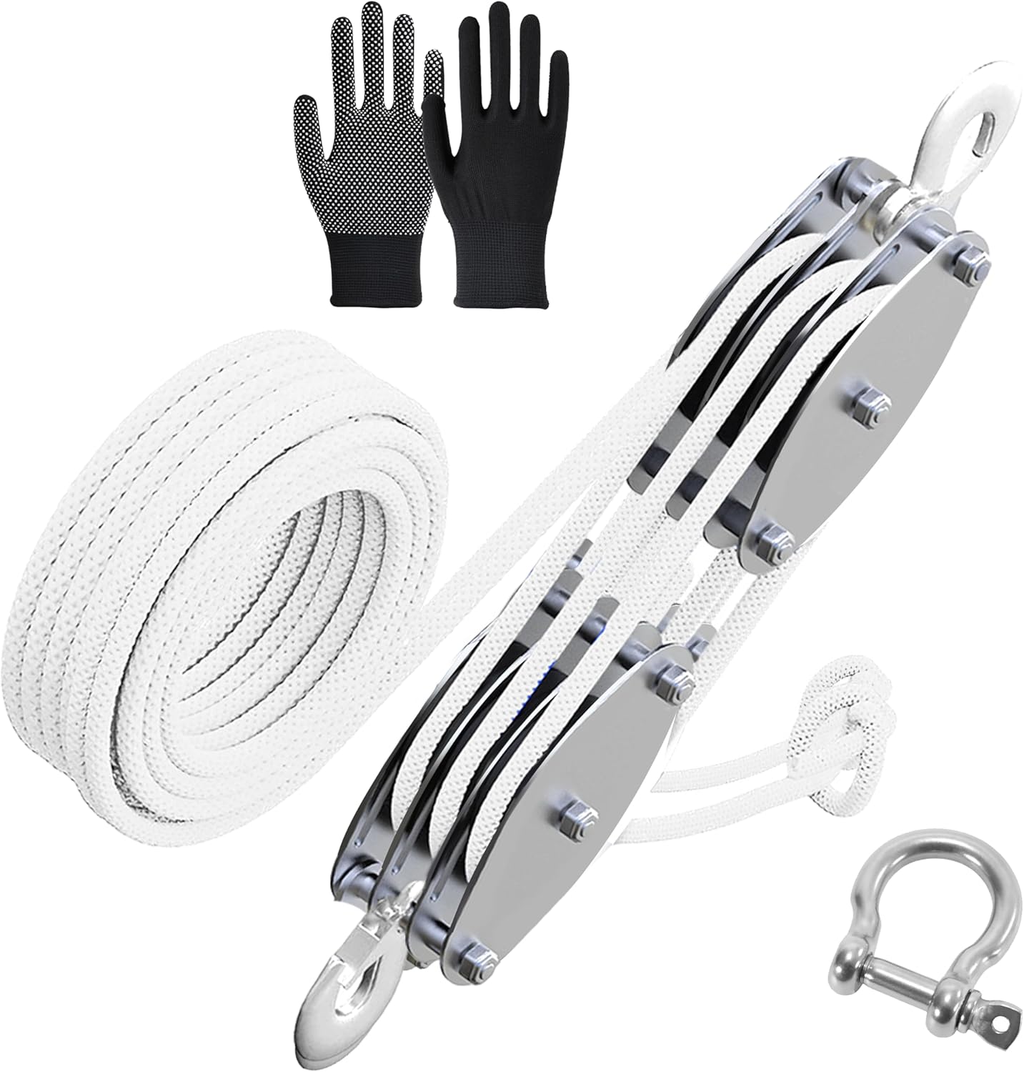 Rakuten - ホイストロープ ホイスト 滑車 吊り上げ 500kg ロープ 6MM×15M 3輪滑車ホイスト 滑車 荷揚げ M10D型シャックル付き 手袋付き 吊り上げ比8:1 クレーン用 (3輪)