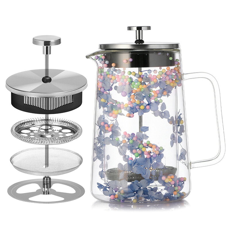 Rakuten - 耐熱 二重ガラス フレンチプレス コーヒーポット ドライフラワーデザイン 保温構造 家庭用 コーヒープレス 紅茶兼用 ティープレス フィルター付き シェアポット おしゃれ ガラス製 カフェ風 北欧 ナチュラル コーヒー器具 ティーウェア 来客用 贈り物対応