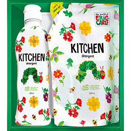 はらぺこあおむしのキッチン洗剤セットキッチン洗剤セットメーカー品番 : H-08AZ セット内容 : 食器洗剤(250ml)・食器洗剤詰替用(200ml)×各1 箱サイズ : 20.5×17×5.5cm 原産国 : 日本 パッケージ重量 : 600g