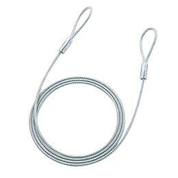eセキュリティ長さ2.0m、太さ4.6mmワイヤー●取り付け部品、鍵などに接続する、eセキュリティ用ワイヤー■ワイヤーの輪内寸サイズ:縦70mm、横30mm ■ワイヤー部材質:亜鉛(ビニールコーティング加工) ■パッケージ形状:ビニール袋 ■ワイヤー長:2m ■ワイヤー直径:4.6mm ■ワイヤーかしめ部サイズ:直径12.5mm、長さ27mm