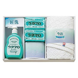 ウタマロ 石鹸・キッチン洗剤ギフトガンコな汚れもしっかり落とす。 ウタマロ洗剤で真っ白で気持ちのいい暮らし。 泥汚れやエリ・ソデ汚れなどの生活の様々なガンコな汚れをキレイにする洗濯石けんと手肌の潤いはそのままに、しつこい油汚れをスッキリ落とす食器洗い用洗剤のセットです。メーカー型番 : UTA-255A 内容 : ウタマロ洗濯石鹸(約133g)×2、ウタマロキッチン(約300ml)・マイクロファイバークロス(約250×250mm)・フェイスタオル(約280×750mm)×各1 原産国 : 日本・中国 箱の種類 : 化粧箱 箱サイズ : 約225×360×56mm(入) 箱入重量 : 約953g