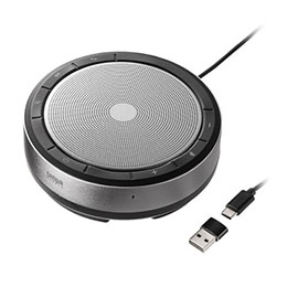 Bluetoothでも有線(USB)接続でも使えるスピーカーフォン。●Bluetoothでも有線(USB)でも状況や機器に応じて使い分けができる。 パソコンで使用する場合は有線(USB)、スマートフォンやタブレットで接続するときはBluetoothと機器に応じて使い分けが可能です。 咄嗟にBluetoothがつながらない、充電がないという場合に有線で接続して使用することができます。 ●充電ケーブルを持ち運ぶ必要がない充電・有線(USB)接続ケーブル一体型モデル 充電と有線(USB)接続するケーブルがスピーカーフォン本体に搭載されています。この製品を持っているだけで充電も有線(USB)接続も可能です。使用した後は本体に巻き付けて収納することもできるので、ケーブルが邪魔になることもありません。 ※変換アダプタは収納することができません。 ●変換アダプタ付属でUSB AでもType-Cでも接続可能 スピーカーフォン本体はType-Cでの接続が可能です。付属の変換アダプタを使うことでUSB Aコネクタ搭載の機器にも接続ができるようになります。 ●4つのマイク搭載で多人数での会議が可能。 4つのマイク搭載で360°の集音と半径5mの集音が可能です。最大約6人程度の会議に最適です。 ●Auto Gain Control対応 会議の時に自分・相手の声の大きさを適正に調節することができ、ストレスのない会議が可能になります。 ●Acoustic Echo Cancellation対応 スピーカーフォンから聞こえる音を取り除くことで発言者の声にエコーがかかったりハウリングしたりすることを低減します。 ●Active Noise Suppression対応 会議をしている周囲の雑音や環境音を抑制することができ、自分の声を綺麗に相手に伝えることができます。 ●Full Duplex対応 複数の人が同時に発言しても声が途切れにくくなる機能です。■セット内容:製品本体、取説、変換アダプタ(Type-CをAに変換) ■伝送方式:GFSK ■対応コーデック:SBC ■マルチポイント:非対応 ■適合規格:Bluetooth 5.1 ■周波数範囲:2.402〜2.480GHz ■通信距離:10m ■対応プロファイル:HSP, HFP, A2DP, AVRCP ■電源:リチウムポリマーバッテリー ■充電時間:約2.5時間 ■連続再生最大時間:約8.5時間 ■連続通話最大時間:約8.5時間 ■連続待受最大時間:120時間 ■マイク感度:-26dBFS ■マイク指向性:全(無)指向性 マイク4個搭載 ■接続方式:Bluetooth, USB ■対応機種: Bluetooth 5.0以下のBluetoothデバイスに対応 Bluetooth内蔵スマートフォン、iPad/iPhone、パソコンなど ■AGC対応 ■AEC対応 ■ANC対応