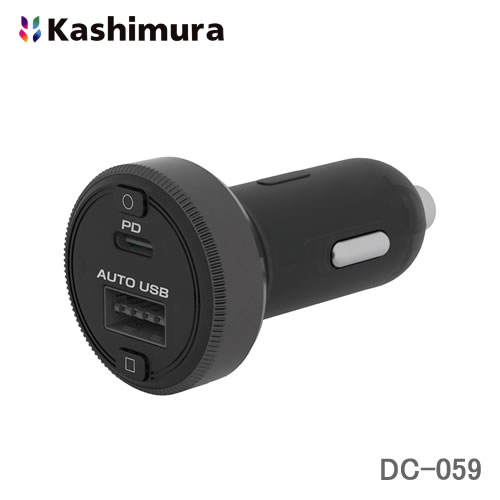 カシムラ 12/24V兼用 自動車用 DC-USB充電器 2ポート PD規格対応 最大30W 自動識別IC搭載 アンビエントライト付き DC-059