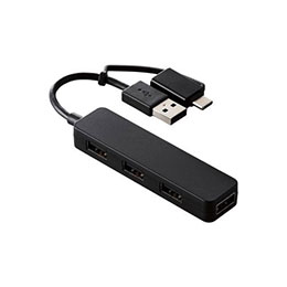 USB ハブ USB2.0 バスパワー スティックタイプ ケーブル長7cm ブラック■USB-AポートにもUSB Type-C(TM)ポートにも接続できる、変換アダプター付きUSB2.0ハブです。 ■4つのUSB-Aポートを搭載しています。マウスやキーボード、USBメモリ、USBファン、プリンターなどさまざまな機器を同時に接続できます。 ■パソコンとタブレットの両方でUSBハブを使用したい場合にも、変換アダプターを使うことで手軽に兼用できます。 ■コンパクトで邪魔にならないスティックタイプです。 ■フロントの3ポートに加え、サイドに1ポートを装備し、幅広のUSB機器を接続するのに便利です。 ■USB-Aプラグと同じ幅のスリムなUSB Type-C変換アダプターを採用しています。パソコンの隣り合うポートに複数同時に接続しても干渉しにくい設計です。 ■※接続したいポート同士の幅が狭い場合、アダプターを複数同時に接続できない場合があります。事前に機種の仕様をご確認ください。 ■ケーブルは紛失の心配がない直付けタイプで、ノートパソコンなどとの接続に便利なケーブル長約7cmです。 ■ACアダプター不要のバスパワー専用タイプです。 ■通信状態を確認できるLEDランプが付いています。 ■※本製品はUSBポートを増設するための製品です。本製品を使用してスマートフォン・タブレットを充電することはおすすめできません。 ■自社環境認定基準を1つ以上満たし、『THINK ECOLOGY』マークを表示した製品です。 ■廃棄物削減に取り組み、製品に同梱する取扱説明書等をペーパーレス化した製品です。 ■環境保全に取り組み、製品の包装容器におけるプラスチック重量を、社内基準製品より20%以上削減した製品です。 ■環境保全に取り組み、製品の包装容器が紙・ダンボール・ポリ袋のみで構成されている製品です。■インターフェース : USB2.0 ■アップストリーム(パソコン側)ポート数 : USB-Aプラグ×1 ※USB Type-C(TM)変換アダプター付き ■ダウンストリーム(周辺機器側)ポート数 : USB-Aポート×4 ■対応OS(Windows) : Windows 11/10 ■対応OS(mac) : macOS Sonoma 14/macOS Ventura 13/macOS Monterey 12 ■対応OS 備考 : ※各OSの最新バージョンへのアップデートや、サービスパックのインストールが必要になる場合があります。 ■最大転送速度 : USB2.0ハイスピード/480Mbps(理論値) ■USBケーブル長 : 約7cm ※コネクター含まず ■電源方式 : バスパワー ■供給可能電流 : 4ポート合計最大400mA(各ポート100mA未満) ■カラー : ブラック ■外形寸法 : 幅約87mm×奥行約22mm×高さ約12mm(ケーブル含まず) ■重量 : 約30g ■動作環境 : 温度5℃〜40℃、湿度30%〜80%(結露なきこと) ■保証期間 : 1年間