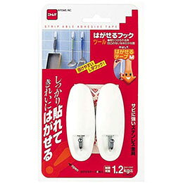 はがせるフック ツール○しっかり貼れてきれいにはがせる。 ○だからつけかえもでき、安心!商品サイズ(約) : 30×80×37mm 制限荷重 : 1.2kg 個装サイズ : 100×180×40mm 個装重量 : 38g ABS樹脂、ステンレススチール、合成ゴム系粘着剤 取りつけタイプ : はがせる粘着