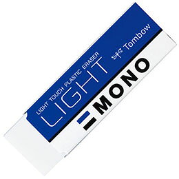 軽い力でシャープな消字性能のライトタッチ消しゴム軽く消せるタイプの消しゴム「モノ LIGHT」。軽く消せるタイプ 消しゴム : PVC樹脂 スリーブ : 再生紙 生産国 : ベトナム パッケージサイズ : 52×11×16mm パッケージ込重量 : 13g
