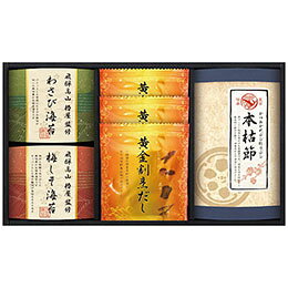 椿屋 飛騨高山「椿屋」監修 特選海苔&和味詰合せ飛騨高山の和食の名店「椿屋」が味付け海苔を監修しました。だしパックなどと一緒に、もらってうれしい和の詰合せです。メーカー品番 : TGF-BJ 内容物 : 本枯れ鰹節2g・黄金割烹だしパック8g各3袋・飛騨高山椿屋監修わさび海苔(8切6枚)・飛騨高山椿屋監修梅しそ海苔(8切6枚)各1袋 賞味期限 : 製造日より常温約360日 アレルゲン : 乳成分・小麦・えび・大豆 生産国 : 日本 箱サイズ : 34.5×21×6cm 箱入重量 : 270g