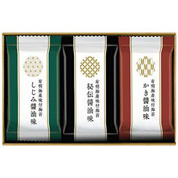 ゆかり屋本舗 有明海産味付海苔詰合せしじみとかきの旨みたっぷりの味付海苔と海苔屋秘伝の醤油だれで仕上げた3つの味わいを楽しめる詰合わせです。メーカー品番 : SKH-15 内容物 : 味付海苔(しじみ醤油味)(8切4枚)・味付海苔(秘伝醤油味)(8切4枚)・味付海苔(かき醤油味)(8切4枚)各3袋 賞味期限 : 製造日より常温約540日 アレルゲン : 小麦・えび・大豆 生産国 : 日本 箱サイズ : 25.5×16.2×5cm 箱入重量 : 135g