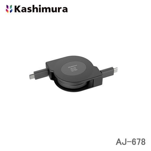 カシムラ USB充電＆同期ケーブル リールタイプ1.2m TYPE-C⇔C PD100W 黒 AJ678