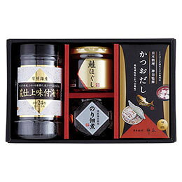 荒仕上味付海苔&調味料ギフトミシュランが認める日本料理店「神谷」監修の味をご家庭でもお楽しみくださいメーカー品番 : NH-BZ セット内容 : 味付のり(8切24枚)・鮭ほぐし(50g)・のり佃煮(80g)・かつおだし(4g×8袋)×各1 賞味期限 : 常温1年 アレルゲン : 乳・小麦・えび・大豆・さけ・さば 箱サイズ : 15.5×25×8.5cm 重量 : 0.7kg