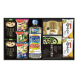 彩 味ノ蔵健康と美味しさを詰合せた贈りものにぴったりな和風ギフトです。 海苔、お味噌汁などが食卓で色々楽しめます。メーカー品番 : TG-CN 内容物 : 白子味のり(8切5枚)・マルコメ京懐石長ねぎのおみそ汁15.7g各2袋・アマノおみそ汁(なす9.5g・ほうれん草7g・とうふ10g)各1袋・のり玉子ふりかけ(4.5g×2袋)・永谷園お茶づけ海苔(4.7g×5袋)各1個・日清ヘルシーライト600g×1本 賞味期限 : 製造日より常温約360日 アレルゲン : 卵・乳成分・小麦・えび・ごま・さば・大豆・鶏肉・魚介類 生産国 : 日本 箱サイズ : 42.5×7×25cm 重量 : 1200g