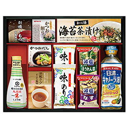 日清キャノーラ油&アマノフーズ　バラエティセットご家庭で大活躍のアイテムを揃えたバラエティ豊かな詰合せギフトです。内容物 : 日清キャノーラ油400g、アマノフーズ減塩いつものおみそ汁なす9.0g、アマノフーズ減塩いつものおみそ汁ほうれん草6.8g、丸美屋洋風スープオニオン風味(2.5g×5)、マルトモかつおパック(0.7g×3)、有明海産味のり(8切5枚)×2、海苔茶漬け(6.0g×5)、永谷園お吸いもの(2.3g×2)、シーラックかつおだし(4g×3)、キッコーマン塩分ひかえめ丸大豆生しょうゆ200ml アレルギー : 卵・小麦・乳・えび(大豆・牛肉・鶏肉・豚肉・さば・魚醤(魚介類)) 賞味期限 : 360日 生産国 : 日本 箱サイズ : 325×391×65mm 重量 : 1250g
