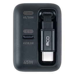 ケーブル忘れの心配なし 巻取り式ケーブル内蔵巻取り式USB Type-Cケーブル内蔵でこの1台で充電可能 持ち運びに便利なコンパクトサイズ 便利なType-C 1ポート搭載 接続するだけで自動的に最適な電圧・電流で充電可能 Type-Cケーブル+Type-Cポートの同時充電可能(30W+10.5W) 収納時のType-Cコネクタはマグネットでピタッと固定可能 回転式収納プラグ採用 各種安全機能搭載●入力(INPUT) : AC100-240V/50-60Hz 1.2A Max ●出力(OUTPUT) : Type-Cケーブル 5V3A、 9V3A、 12V3A、15V3A、20V2.25A(45W Max) 同時使用時 : Type-Cケーブル 5V3A、 9V3A、 12V2.5A 15V2A 20V1.5A(30W) ●インターフェイス : Type-C(オス)x1、Type-C(メス)x1 ●規格 : USB Power Delivery 3.0、USB BC1.2 ●本体寸法/重量 : W35xD64xH53mm/約125g ●ケーブル長 : 最大約60cm(巻取り式、コネクタ部除く) ●保証期間 : 初期不良対応 ●生産国 : 中国 ※機器から取り外す際は必ずコネクタを持って外してください。 ※使用前に端子周辺に水滴などの付着が無いことを確認してください。 ※充電後は機器からすみやかに取り外してください。