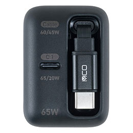 ケーブル忘れの心配なし 巻取り式ケーブル内蔵巻取り式USB Type-Cケーブル内蔵でこの1台で充電可能 持ち運びに便利なコンパクトサイズ 便利なType-C 1ポート搭載 接続するだけで自動的に最適な電圧・電流で充電可能 温度感知機能搭載で高温時は自動で出力制御し安全保護 収納時のType-Cコネクタはマグネットでピタッと固定可能 回転式収納プラグ採用 各種安全機能搭載●入力(INPUT) : AC100-240V/50-60Hz 1.5A Max ●出力(OUTPUT) : Type-Cケーブル 5V3A、 9V3A、 12V3A、15V3A、20V3A(60W Max) 同時使用時 : Type-Cケーブル 5V3A、 9V3A、 12V2.5A 15V3A 20V2.25A(45W) ●インターフェイス : Type-C(オス)x1、Type-C(メス)x1 ●規格 : USB Power Delivery 3.0、USB BC1.2 ●本体寸法/重量 : W35xD74xH53mm/約145g ●ケーブル長 : 最大約60cm(巻取り式、コネクタ部除く) ●保証期間 : 初期不良対応 ●生産国 : 中国 ※機器から取り外す際は必ずコネクタを持って外してください。 ※使用前に端子周辺に水滴などの付着が無いことを確認してください。 ※充電後は機器からすみやかに取り外してください。