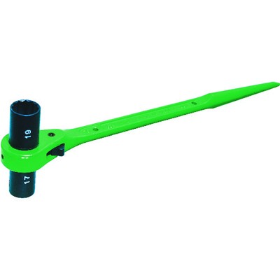 スーパー 両ロングソケット・両口ラチェットレンチ(爪式)六角対辺:17×19 全長:310mm RN-1719WLメーカー：(株)スーパーツール【特長】●正逆は切り替え爪式です。●C形チャンネル・H形鋼チャンネル・アングルなどの深い凹部およびナット締め付け時にボルトが長く出る所の使用に便利です。●グリーン焼き付け塗装仕上げです。●安全ロープ取り付け穴を設けています。(17×19・17×21・19×21は2ヵ所)●使用頻度の高いサイズの組み合わせにより、1丁での用途拡大で5サイズです。【用途】●ボルト・ナットの緩め、締め付けに【仕様】●対辺寸法(mm):17L×19L●全長(mm):310●厚さ(mm):86●色:緑【仕様2】●両側ロングソケット仕様【材質／仕上】●合金鋼●表面処理:グリーン塗装【商品情報】品番：RN-1719WL発注コード：1097474JANコード：4967521100922発注単位：1丁入数：2原産国：日本質量：500G※画像はイメージです。