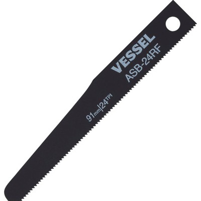 VESSEL ASB-24RF エアーソーブレード先太10枚入り 24山 ASB-24RFメーカー：(株)ベッセル【特長】●耐久性に優れた新エアーソーブレード●先太形状、剛性があり切断時に先端が曲がりにくい。●刃厚0.7mm。●保管に便利なPVCポーチ10枚入り。●日本製。【用途】●自動車板金:アルミ材や柔鉄、樹脂などの切断。●廃棄時の切り分け作業。【仕様】●適合機種:GT-AS10、SP-7610、SP-7620●形状:先太●全長(mm):91●山数:24【仕様2】●山数24、サイズ91×12.5×0.7厚(mm)【材質／仕上】●バイメタルハイス鋼【セット内容／付属品】●GTAS10 6080●SP7610 1164●SP7620 1164【商品情報】品番：ASB-24RF発注コード：7111569JANコード：4907587038081原産国：日本質量：4G※画像はイメージです。
