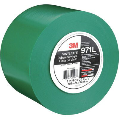 3M 超高耐久ラインテープ 971L 緑 101.6mm×32.9m 971L GN 101X32メーカー：スリーエム ジャパン(株)テープ・接着剤製品事業部【特長】●強靭な基材で耐久性に優れたラインテープです。●フォークリフトが頻繁に走行する現場でも切れにくく、めくれに強いです。●切れずにはがせます。●伸びにくい基材なので直線性に優れています。●糊残りが少ないです。【用途】●屋内用。●フォークリフトが頻繁に走行するエリアに。●重いパレットが多く通常のラインテープではすぐに切れたり、めくれたりする現場・倉庫用。【仕様】●色:緑●幅(mm):101.6●長さ(m):32.9●厚さ(mm):0.432●テープカット条件:ハサミ、カッターが必要●粘着力(N/10mm):4.1●引張強度(N/10mm):120【仕様2】●超高耐久ラインテープ、はく離紙付き●引張強度:120N/10mm●はく離紙なし【材質／仕上】●基材:ポリ塩化ビニル●粘着剤:ゴム系【注意】●この商品は、一般消費者様向けの製品ではないため、表示や取扱説明書などが一般消費者様向けに表記・同梱されておりません。【商品情報】品番：971L GN 101X32発注コード：7078025JANコード：0068060766717原産国：アメリカ質量：2.3KG※画像はイメージです。