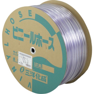 サンヨー 透明ホース9×12 100mドラム巻 TM-912D100Tメーカー：(株)三洋化成【特長】●流体をしっかり確認できるクリアタイプです。【用途】●送排水用。【仕様】●長さ(m):100●内径(mm):9●外径(mm):12●使用圧力(MPa):0.37●許容曲げ半径(mm以上):43●使用温度範囲(°C):0~60●最小曲げ半径(mm):43【仕様2】●食品衛生法適合(ポジティブリスト適合)●色:クリア【材質／仕上】●塩化ビニール樹脂(PVC)【商品情報】品番：TM-912D100T発注コード：3974235JANコード：4973692110431原産国：日本質量：7.1KG※画像はイメージです。