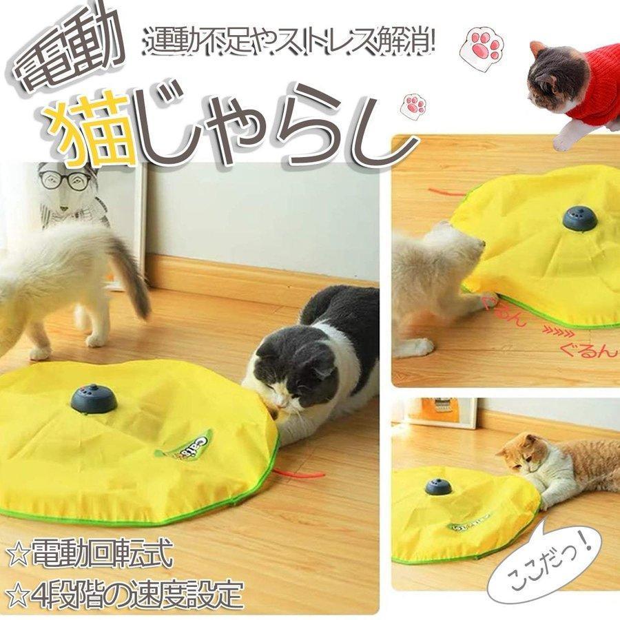 サイズ：約 直径60cm×高さ9cm 製品重量：約 540g 素材 生地：ナイロン スティック：ABS 本体：PVC樹脂 電源：単2電池×3本（電池は付属していません） セット内容：本体*1、布*1、スティック*1 猫の本能―ー好奇心：カサカサ素材の布の下で動く360°回転式の猫じゃらしが猫の本能、好奇心をくすぐります。 猫が遊ぶおもちゃとして、耐久性にしっかりこだわった設計。 猫ちゃん健康を保ち：ストレス、運動不足解消。このおもちゃで遊ぶかわいらしい猫の姿をお楽しみください。 4パターンの速度設定】「初級モード」「中級モード」「上級モード」「自動モード」（初級?上級をランダムに繰り返す） スイッチ長押し起動で遊んでいる時でも安心 注意： 臆病だったり、慎重な性格の猫の場合、おもちゃを怖がって遊ばない可能性がございます。 本製品で使用している布を洗濯するときは手洗いで、乾燥機やアイロンにはかけないでください。 検索用:猫 おもちゃ 猫じゃらし 電動 猫のおもちゃ 釣り おもちゃサイズ：約 直径60cm×高さ9cm 製品重量：約 540g 素材 生地：ナイロン スティック：ABS 本体：PVC樹脂 電源：単2電池×3本（電池は付属していません） セット内容：本体*1、布*1、スティック*1 猫の本能―ー好奇心：カサカサ素材の布の下で動く360°回転式の猫じゃらしが猫の本能、好奇心をくすぐります。 猫が遊ぶおもちゃとして、耐久性にしっかりこだわった設計。 猫ちゃん健康を保ち：ストレス、運動不足解消。このおもちゃで遊ぶかわいらしい猫の姿をお楽しみください。 4パターンの速度設定】「初級モード」「中級モード」「上級モード」「自動モード」（初級?上級をランダムに繰り返す） スイッチ長押し起動で遊んでいる時でも安心 注意： 臆病だったり、慎重な性格の猫の場合、おもちゃを怖がって遊ばない可能性がございます。 本製品で使用している布を洗濯するときは手洗いで、乾燥機やアイロンにはかけないでください。 検索用:猫 おもちゃ 猫じゃらし 電動 猫のおもちゃ 釣り おもちゃ