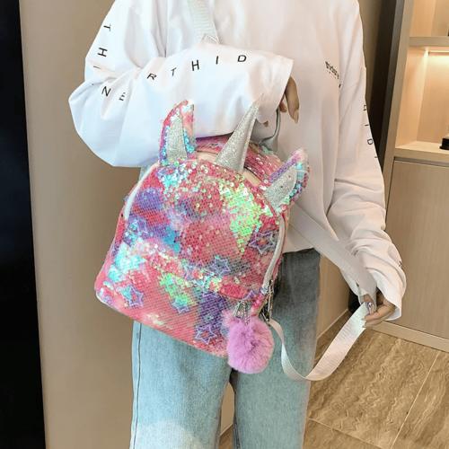 ユニコーン スパンコール リュック バッグパック ファッション キラキラ レトロ 平成 ピンク 青 ポンポン付き アクセサリー 大容量 大き