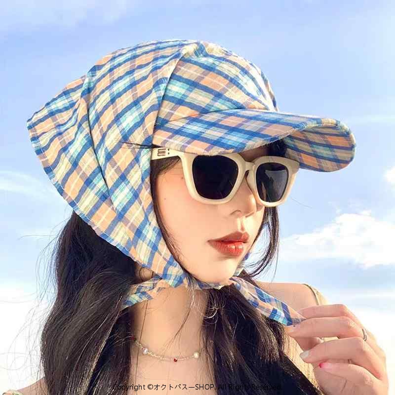 スカーフ付き キャップ レディース チェック柄 帽子 ヘッドスカーフ 一体型 春夏用 レトロ 日焼け防止 ストリート カジュアル おしゃれ