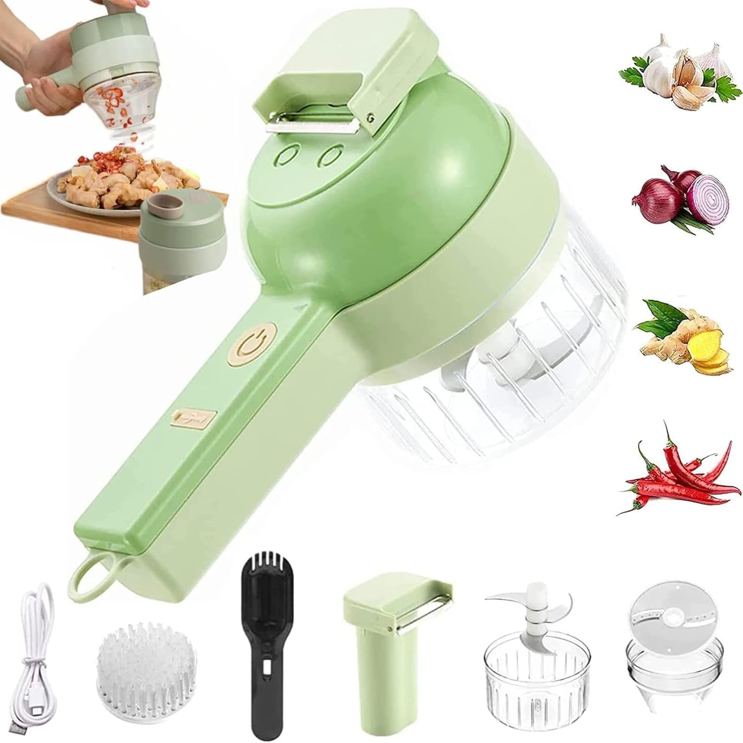【4-in-1電動野菜スライサー】ハンドヘルド電動野菜スライサーセットには、スライス、調理、ピーリング、クリーニングブラシの4-in-1機能が含まれています。これを使用すると、電気野菜スライサーと電気肉挽き器を同時に持つことができます。 1台のマシンは多目的で便利で高速です。 【安全でヘルシー】食品グレードの素材、ABS + PP + PC +ステンレス鋼、耐久性のあるステンレス鋼の刃、鋸歯状のエッジで作られており、食材をより繊細にします。健康的な食事と安心をお届けします。 【オープンタイプ】便利で、カバーを開けたりひねったりする手間が省け、コショウ、ササゲ、山芋などの長い素材を直接挿入できます。オープンエントランス、。 【ワンボタン自動洗浄】防水本体、ワンボタンで自動洗浄を開始し、水入口に洗剤を加え、ワンボタンで開始し、5秒間攪拌して流水で洗います。独自のワンボタン洗浄機能により、簡単かつ実用的な残留物の除去が可能です。 【快適なグリップ】従来の電動ニンニクペーストのホバリングクリックモードを解除し、人間工学に基づいたデザインで手を疲れさせません。非常に使いやすく、シンプルで効率的です。