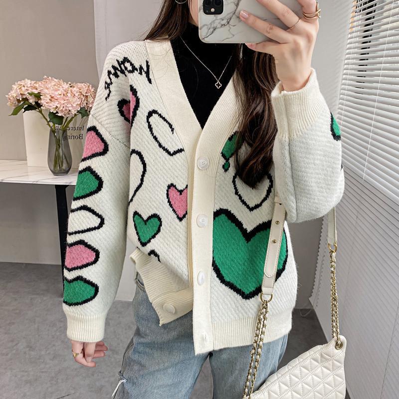 カラフルラブセータージャケット レディース2025年 秋冬 新作 韓国風 ルーズファッションニットカーディガン レディースアウター