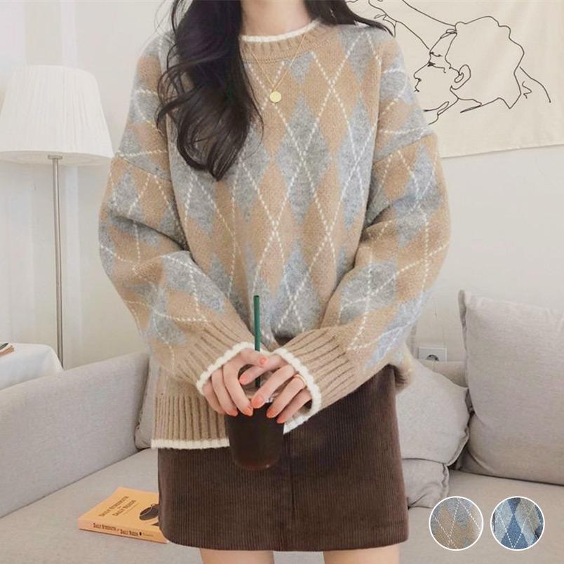 ニット セーター レディース 秋冬 アーガイル 柄 オーバーサイズ クルーネック 長袖 厚手 おしゃれ か..