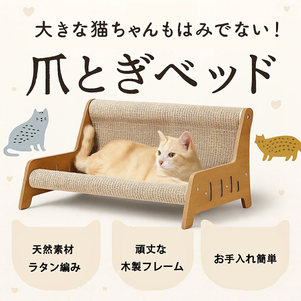 猫 ソファ型爪とぎ ベッド 猫用 爪研ぎ 木製 天然麻素材 ラタン編み 涼しい 爪とぎベッド 爪とぎソファ..