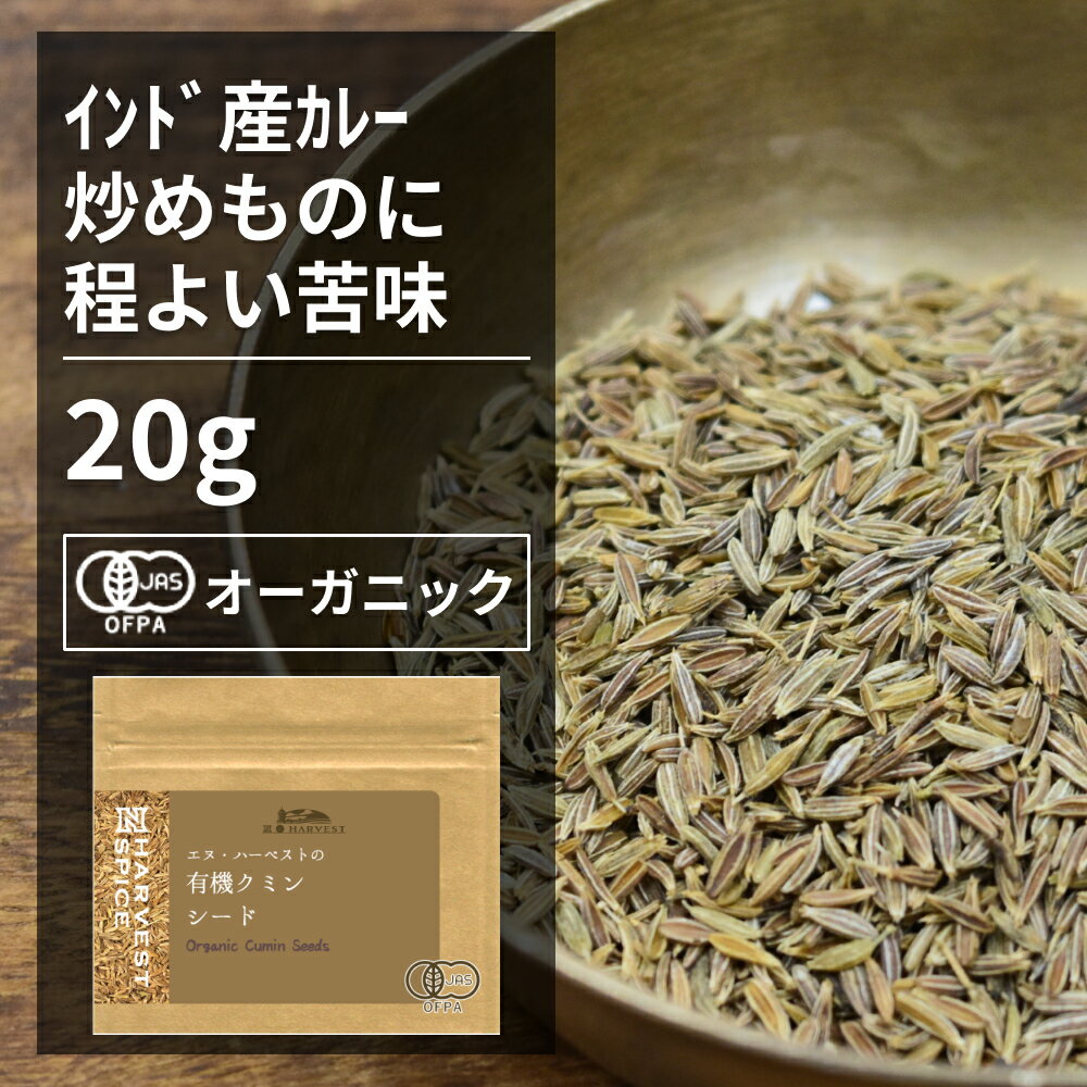 有機クミンシード 20g【エヌ・ハーベスト】インド産 香辛料 スパイス ハーブ カレー　エスニック　 オーガニック 無農薬 有機JAS認定 有機栽培 馬芹　ウマゼリ　ジーラ 手作り メール便 香料無添加のサムネイル