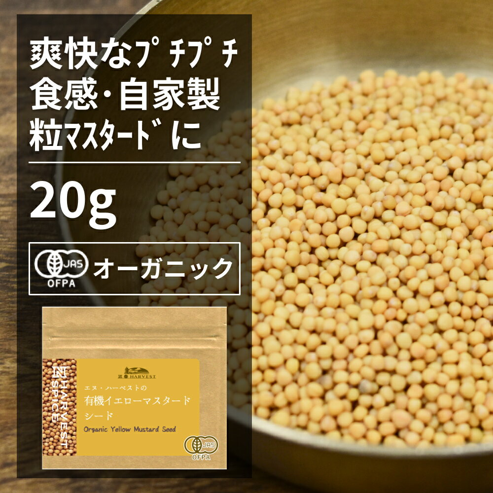 有機イエローマスタードシード20g ORGANIC　YELLOW　MUSTARD　SEEDS 通常のからしとは異なり、ツーンと抜ける辛味はなく、ナッツのような香りがし、マイルドな辛味と風味です。粒状なので様々な料理に使えます。 オリジナルのマヨネーズやドレッシング、ピクルスなどに最適です。肉・魚料理のミックススパイスに加えたりします。粒のまま炒ったものは野菜料理とも相性が良いです。 すり鉢やミルで使う分だけ粗挽きにすると、よりフレッシュな風味がします。 ●開封後は吸湿や虫害を避けるためしっかり密閉し、賞味期限に関わらずお早めにお召し上がり下さい。 原材料名：有機マスタード 原産国名：インド 内容量：20g 賞味期限：18ヶ月(未開封) 保存方法：直射日光・高温多湿を避けて保存 加工者：(株)エヌ・ハーベスト東京営業所　東京都杉並区松庵3-31-17-1F 【商品名】有機イエローマスタードシード 20g【エヌ・ハーベスト】インド産 香辛料 スパイス ハーブ カレー　エスニック　粒マスタード オーガニック 無農薬 有機JAS認定 有機栽培 辛子　からし　ライ 手作り メール便有機イエローマスタードシード20g ORGANIC YELLOW MUSTARD SEEDS 　 通常のからしとは異なり、ツーンと抜ける辛味はなく、ナッツのような香りがし、マイルドな辛味と風味です。粒状なので様々な料理に使えます。 オリジナルのマヨネーズやドレッシング、ピクルスなどに最適です。肉・魚料理のミックススパイスに加えたりします。粒のまま炒ったものは野菜料理とも相性が良いです。 すり鉢やミルで使う分だけ粗挽きにすると、よりフレッシュな風味がします。 ●開封後は吸湿や虫害を避けるためしっかり密閉し、賞味期限に関わらずお早めにお召し上がり下さい。 原材料名：有機マスタード 原産国名：インド 内容量：20g 賞味期限：18ヶ月(未開封) 保存方法：直射日光・高温多湿を避けて保存 加工者：(株)エヌ・ハーベスト東京営業所　東京都杉並区松庵3-31-17-1F 【商品名】有機イエローマスタードシード 20g【エヌ・ハーベスト】インド産 香辛料 スパイス ハーブ カレー　エスニック　粒マスタード オーガニック 無農薬 有機JAS認定 有機栽培 辛子　からし　ライ 手作り メール便