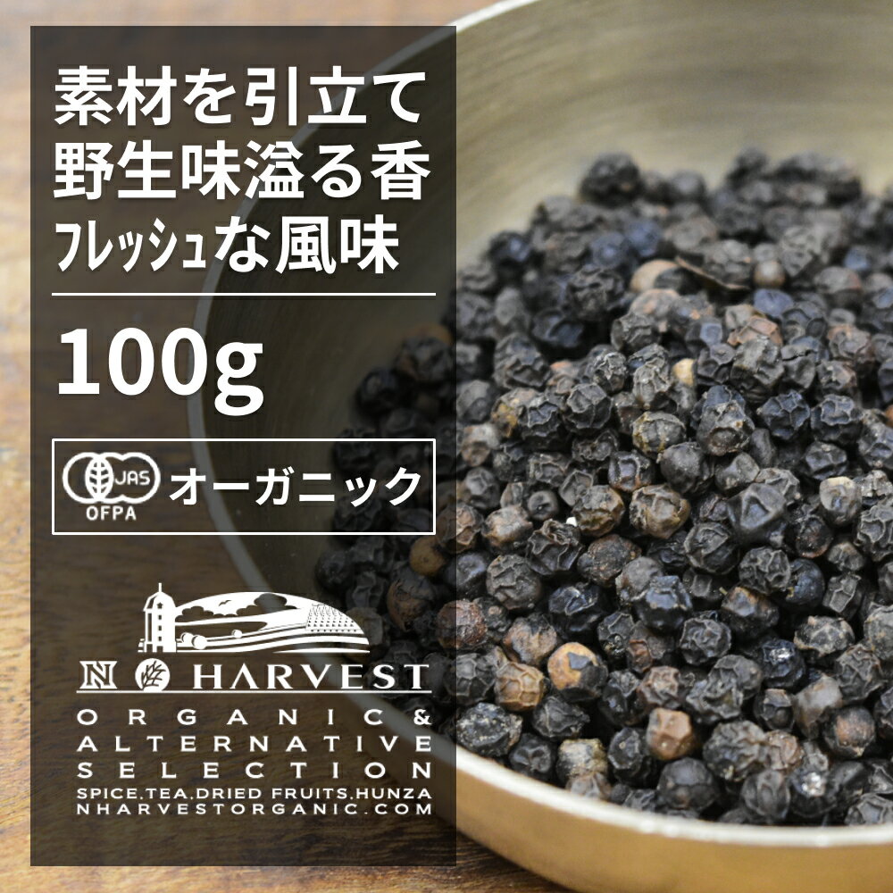 有機ブラックペッパーホール お得な大容量100g【エヌ・ハーベスト】スリランカ産 香辛料 スパイス ハーブ 黒胡椒　粒胡椒　コショウ　フェアトレード オーガニック 無農薬 有機JAS認定 有機栽培 手作り 　肉料理 香料無添加