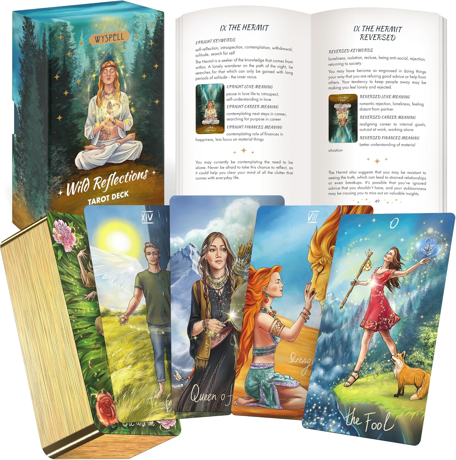 Wyspell Wild Reflections Tarot 自然モチーフ タロットカード78枚 200ページ英語ガイド 400GSM マット ゴールドエッジ