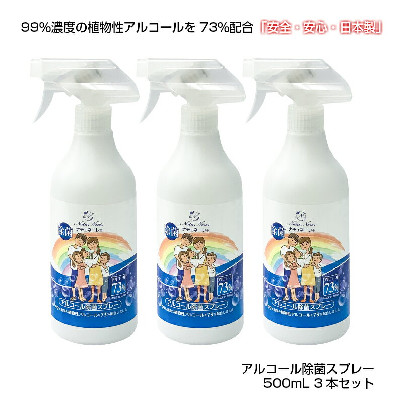 【3本セット】ナチュネーレ アルコール73%含有 除菌スプレー500mL 消毒液 「安心・安全・日本製」 99％濃度の植物性アルコール・除菌スプレー・アルコール73%含有 【ナチュネーレ アルコール73% 除菌スプレー500mL】　＜お買い得3本セット＞☆☆特徴☆☆●速乾性でマイルドな使用感で手指を除菌できます。●アルカリ性で、除菌効果の持続性を高めたアルコール製剤です。●アルコール73%で除菌！●日本製、安心・安全！手指はもちろん調理機械、食器類や食品までも幅広い用途で除菌！●99％濃度の植物性アルコール●アルコールの除菌効果がもっとも高い濃度は73％程度です。【成分】●エタノール　73％●イソプロピルアルコール 3.6%●植物抽出液　1％●精製水　22.4%【容量】500mLx3本【使用方法】●ハンカチ・ガーゼ・ティッシュ等にスプレーして使用●空間に噴霧して除菌●ドアノブ・テーブ ル等の除菌●災害時の備蓄に【ご注意】●手指の除菌や食器、調理台、ショーケースなど、食品にふれるあらゆる器材の衛生管理や食品の表面除菌にご利用ください。●マイルドな使用感と共に金属に対する腐食も軽減されています。●火気と高温に注意●顔や人体に向けてスプレーはしない 2