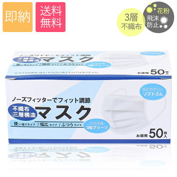 あす楽 即納 不織布マスク 在庫あり 使い捨て マスク 50枚入り 1箱 大人用 飛沫防止 ウィルス予防 風邪 花粉 三段プリーツ