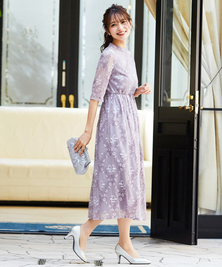 結婚式ワンピースパーティードレスドレスレース花柄フレア刺繍披露宴二次会お呼ばれ成人式同窓会ドレス謝恩会卒業式卒業パーティー大学生袖あり袖有りウエストゴム服服装女性レディース体型カバー二の腕かわいいおしゃれ20代送料無料