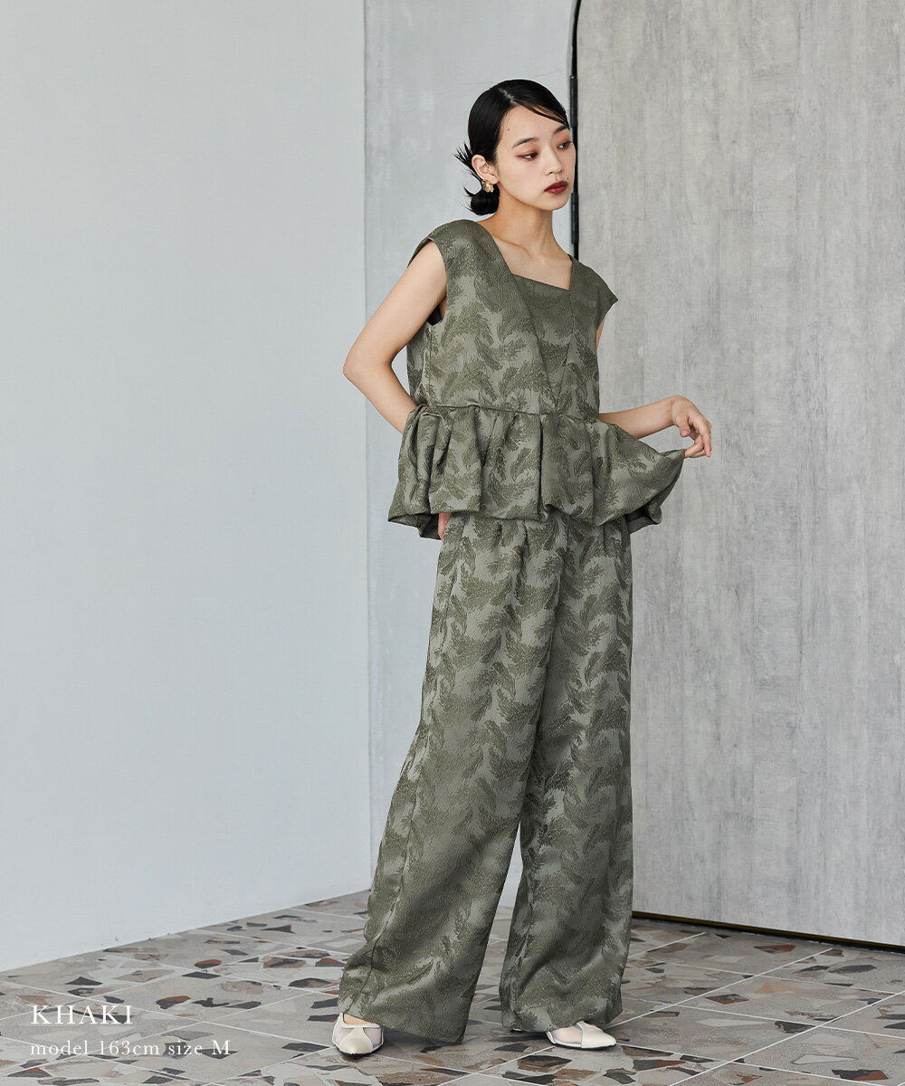 ペプラムセットアップドレス パーティードレス 結婚式 パンツドレス セットアップ ジャガード ワイドパンツ ノースリーブ 袖なし お呼ばれ パーティー 二次会 披露宴 謝恩会 成人式 同窓会 入学式 卒業式 食事会 フォーマル オケージョン デイリー S M L 黒 グレー カーキ