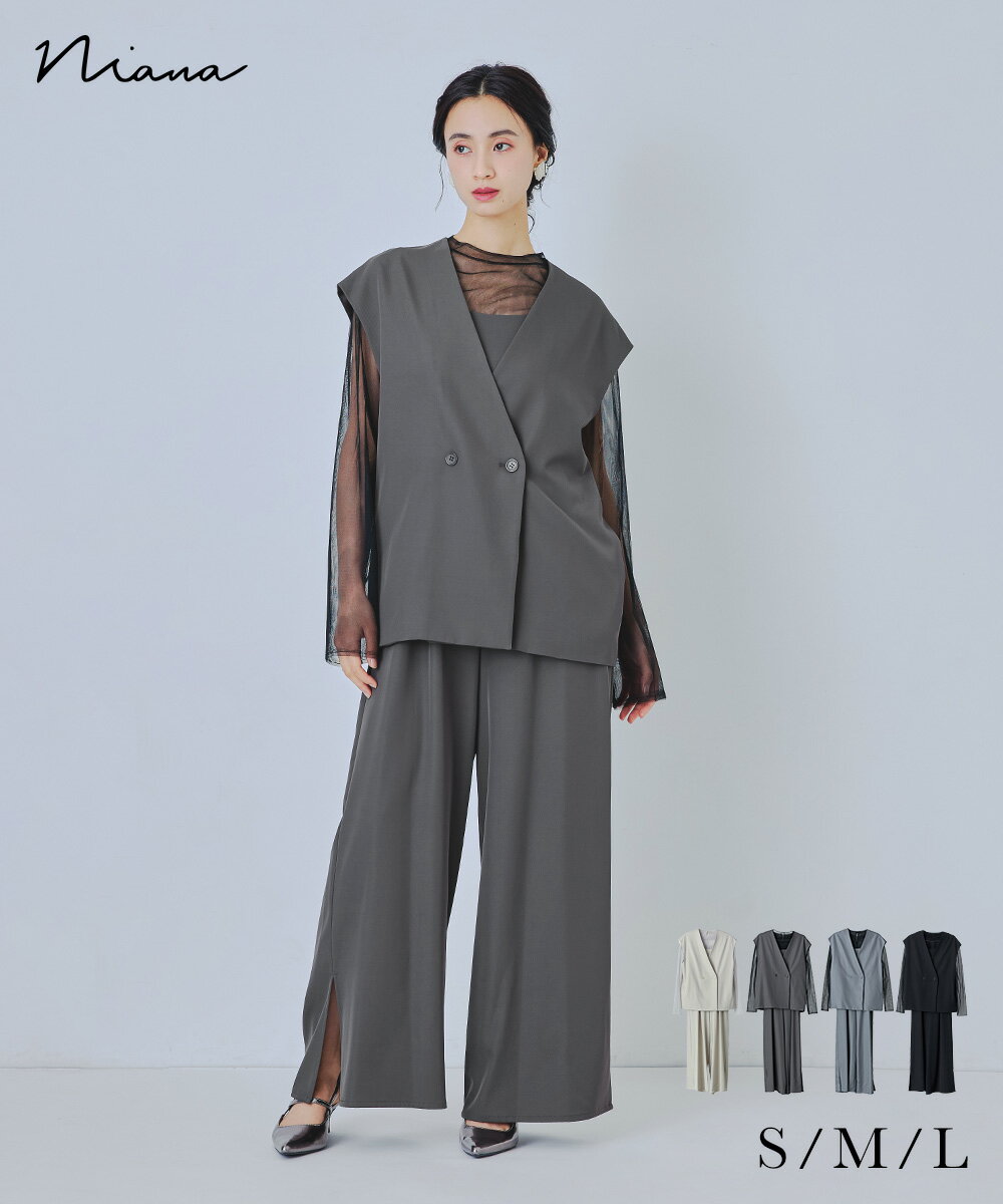 マニッシュベストセットアップ パーティードレス 結婚式 パンツドレス オールインワン ベスト ジレ シアー トップス 3点セット ストライプ 無地 長袖 お呼ば...