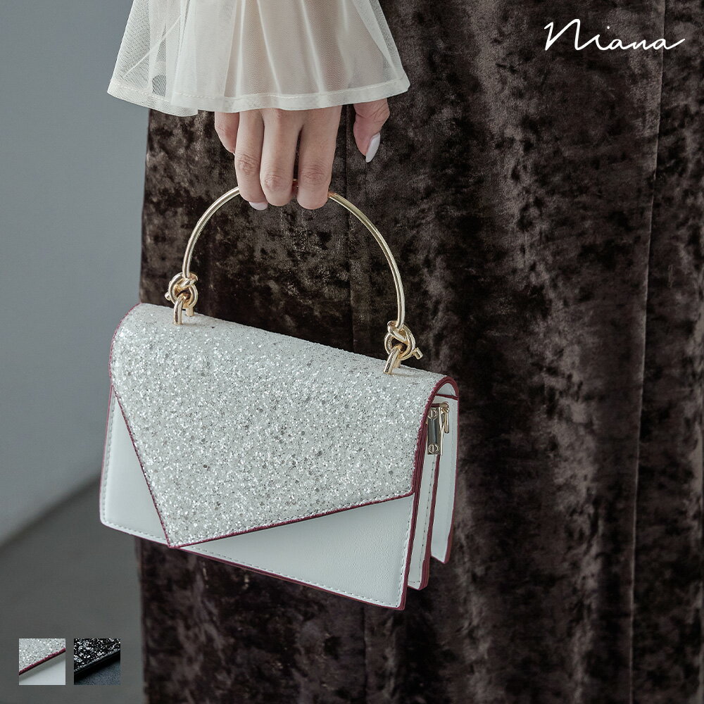 グリッタースクエアハンドバッグ パーティーバッグ 2way ミニバッグ アシンメトリー ノットハンドル ショルダー 肩掛け 小さめ コンパクト 結婚式 お呼ばれ セレモニー パーティー 二次会 披露宴 謝恩会 成人式 同窓会 入学式 卒業式 フォーマル オケージョン 黒 白