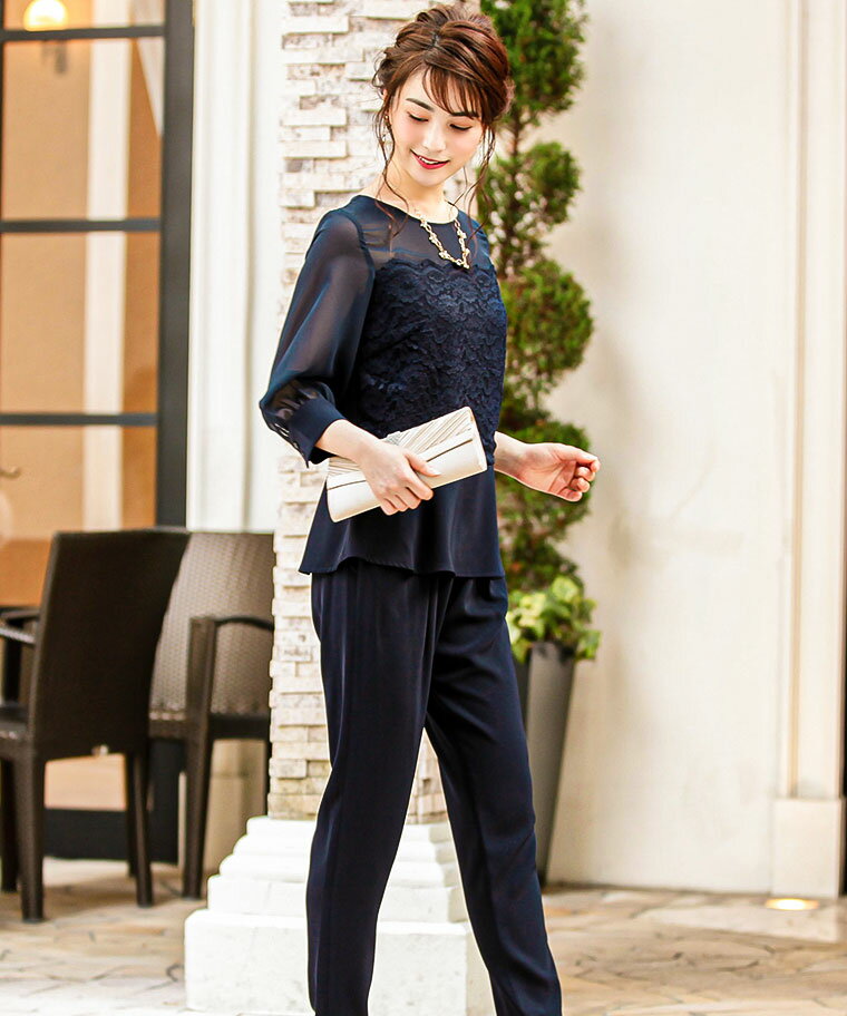 【全品10%オフクーポン！】謝恩会ドレス 結婚式 パンツ ドレス パーティードレス セットアップ 大きいサイズ 小さいサイズ レース パンツドレス 長袖 袖あり ドット 春 夏 秋 冬 二次会 2次会 卒業パーティー 大学生 体型カバー 入学式 卒業式 マタニティー 20代 30代