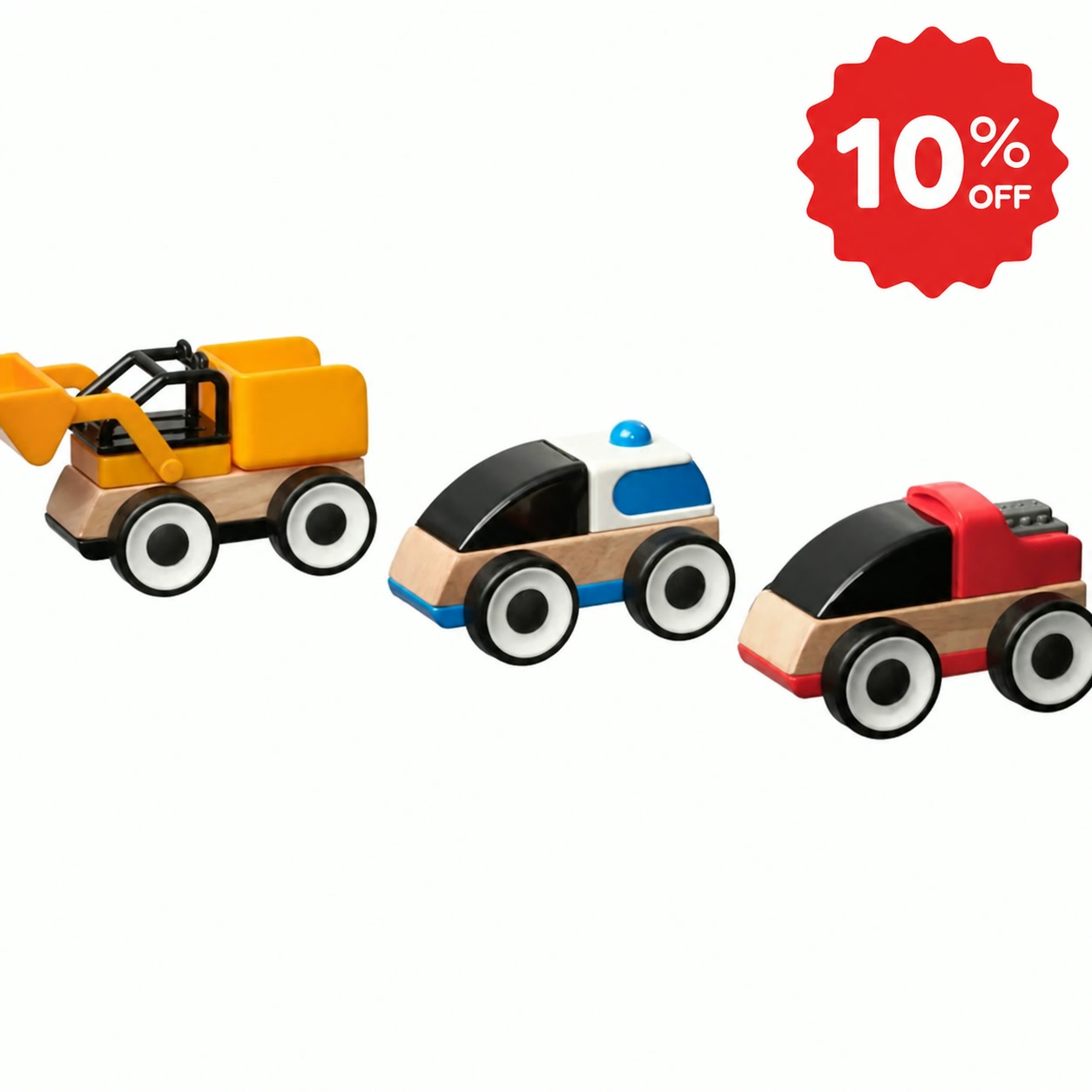 【10%OFF】IKEA イケア LILLABO リラブー 乗り物セット 3点 車おもちゃ ショベルカー パトカー レーシングカー 木製レール ごっこ遊び